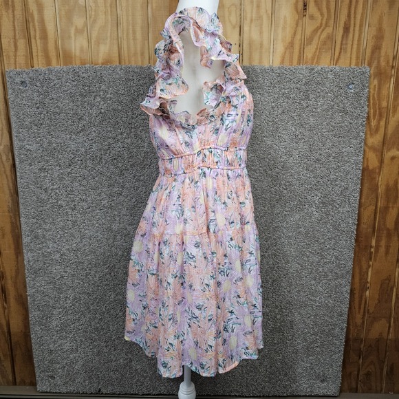 NWT Entro Mini Dress Womens L Floral Ruffle Sleeve Pink Orange Pastel - Picture 5 of 9